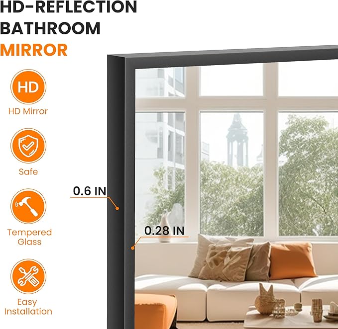Bathroom Vanity Mirror for Wall, 36" x 24" Metal Framed Rectangular Bathroom Wall Mirror for Over Sink, HD Shatterproof Glass, Hangs Horizontally or Vertically(Black)