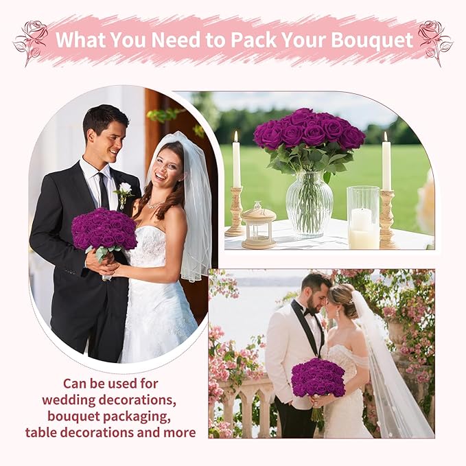 52 PCS Purple Artificial Roses Bulk, Fake Artificial Flowers Bridal Bouquet Silk Faux Rose with Stems for Wedding Flowers Decoration, Valentine's Day, Bridal Bouquet, Anniversary, Home Decor (52PCS)