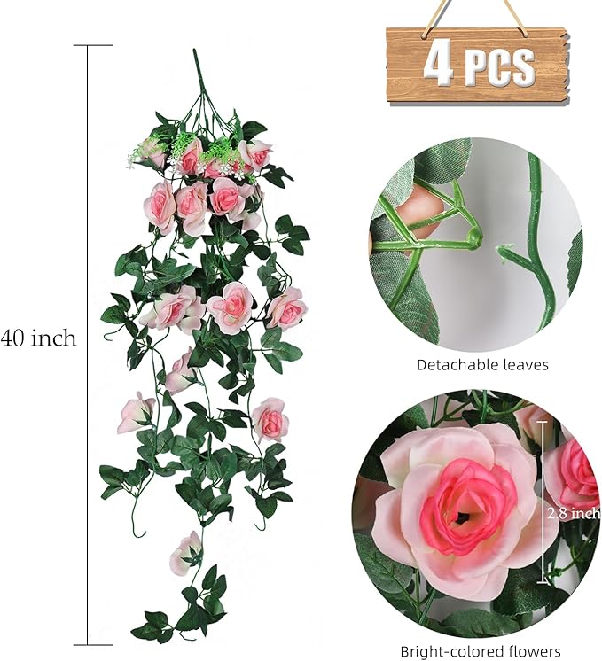 RECUTMS 4pcs Hanging Rose Flower Artificial Plants 32-in Fake Ivy Vine with 30 LED Fairy String Lights Outdoor UV Resistant Plastic Roses for Home Room Wedding Decor (Champagne)