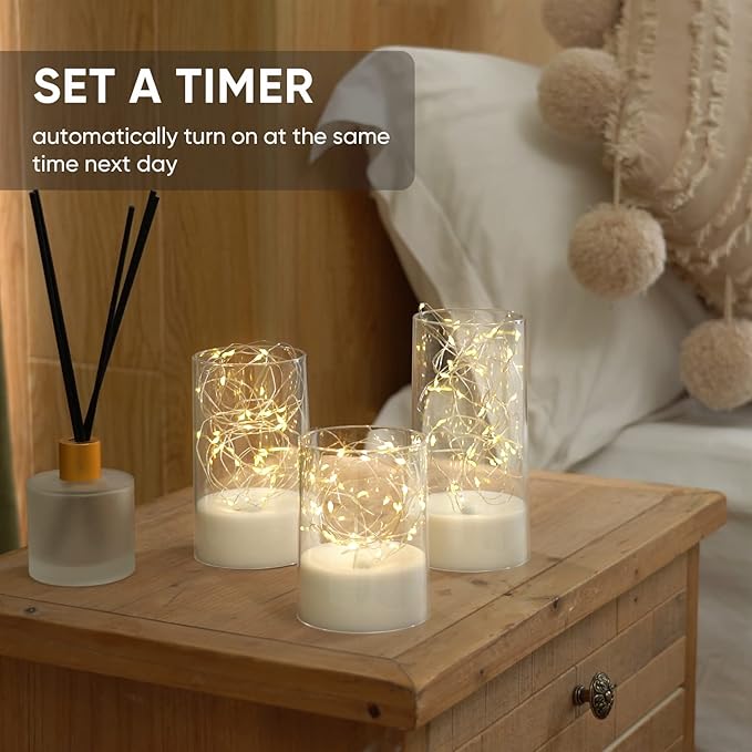 Homemory White Clear Flameless Candles with Remote, Embedded Twinkle String Lights in Acylinder Battery Pillar Candles, Unique Timer Fake Candles for Wedding Home Decor, 8 Mode Lights, Set of 3