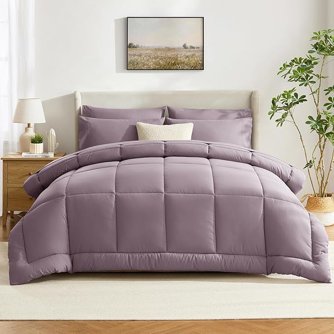 CozyLux Queen Size Comforter Set Dusty Purple - 7 Pieces Bed in a Bag Dusty PurpleComforter Queen Size, Bedding Set with All Season Quilted Comforter, Flat Sheet, Fitted Sheet, Pillowcases