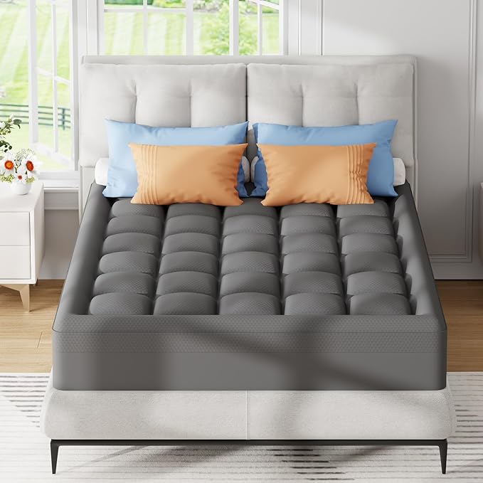 ELEMUSE Dual Layer 3 Inch Memory Foam Mattress Topper Queen, 2 Inch Cooling Gel Memory Foam Plus 1 Inch Down Alternative Pillowtop Mattress Pad with Cooling Cover, Soft Comfort Support, Grey