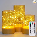 Homemory Flickering Flameless Candles with Remote, Embedded String Lights in Acylinder LED Candles, Battery Operated Fake Candles with Timer, Candle Decor for Home Wedding, Set of 3,Gold