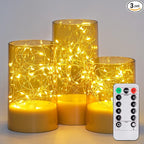 Homemory Flickering Flameless Candles with Remote, Embedded String Lights in Acylinder LED Candles, Battery Operated Fake Candles with Timer, Candle Decor for Home Wedding, Set of 3,Gold