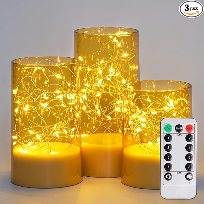 Homemory Flickering Flameless Candles with Remote, Embedded String Lights in Acylinder LED Candles, Battery Operated Fake Candles with Timer, Candle Decor for Home Wedding, Set of 3,Gold