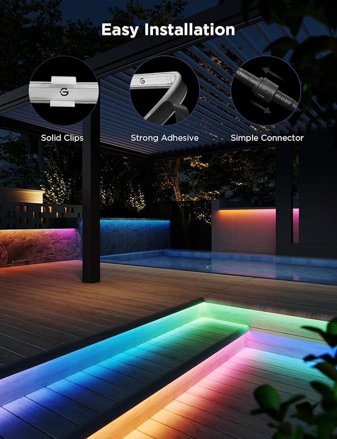 Govee Outdoor LED Strip Lights RGBIC with Warm and Cold White, 32.8ft 2.4G WiFi Smart Outdoor Lights, IP65 Waterproof, Work with Alexa and Google Assistant, App Control, for Porch, Patio, Eave, Party