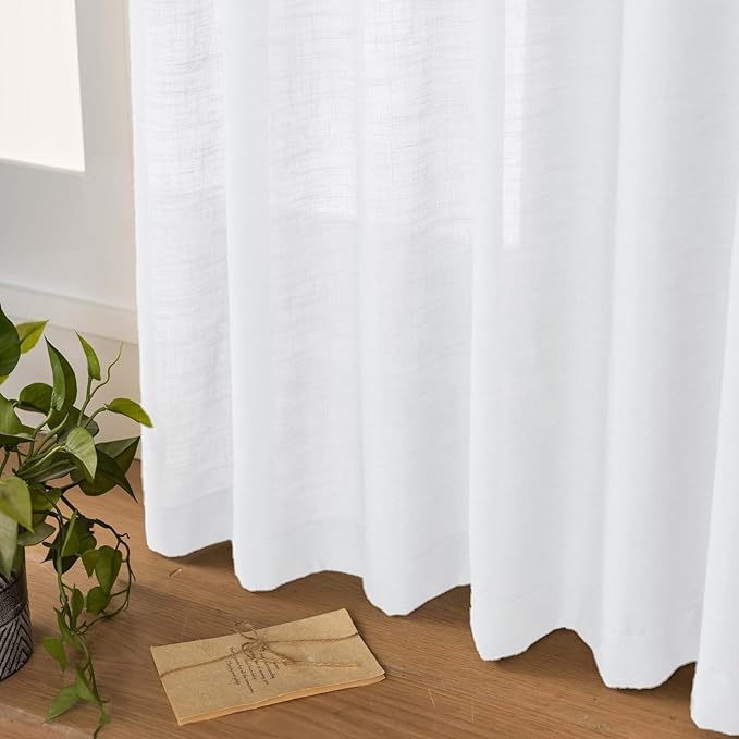 White Sheer Linen Pinch Pleated Sliding Door Curtains, 2x50 Inches Width, Cotton Look Light Filtering Drapes 84 Inches Long, Soft Textured Modern Farmhouse Window Curtain Panels