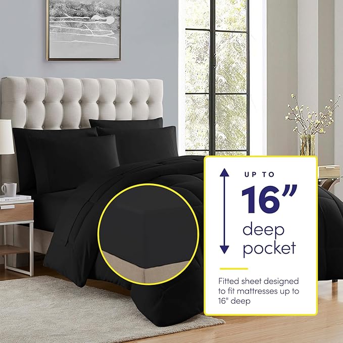 King Size Comforter Set with Sheets - 7-Piece Bedding Collection - 1 Comforter, 1 Fitted Sheet, 1 Flat, 4 Pillowcases - Deep Pocket - Soft & Breathable Premium Quality - Ideal for All Seasons, Black