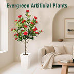 Artificial Camellia Tree 5FT, Red Flower Tree in White Pot, Faux Outdoor Indoor Plant, Potted Artificial Flower for Home Office Housewarming Porch Decor (61'' Height)