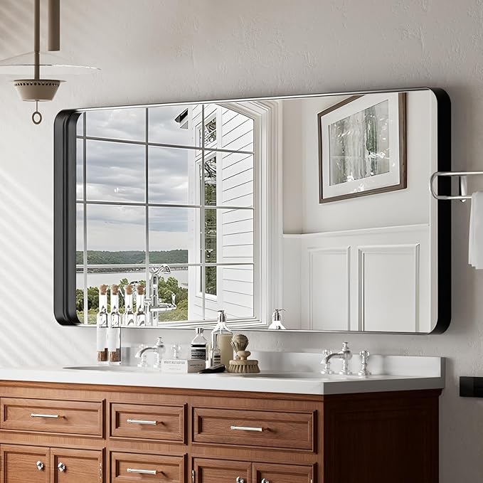 VooBang Bathroom Mirror 30x48 inch, Black Gorgeous Deep Frame Wall Mirror, Modern Round Corner Bathroom Vanity Mirror for Bedroom, Living Room, Hanging or Leaning Horizontal or Vertical, Black