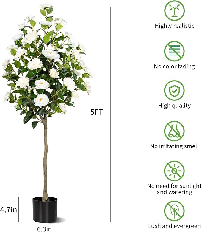 Artificial Camellia Tree 2 Pack, Artificial Plants Outdoor Faux Floral Plant in Cement Pot Fake Silk Camellia Tree Plants for Home House Living Room Office Decor