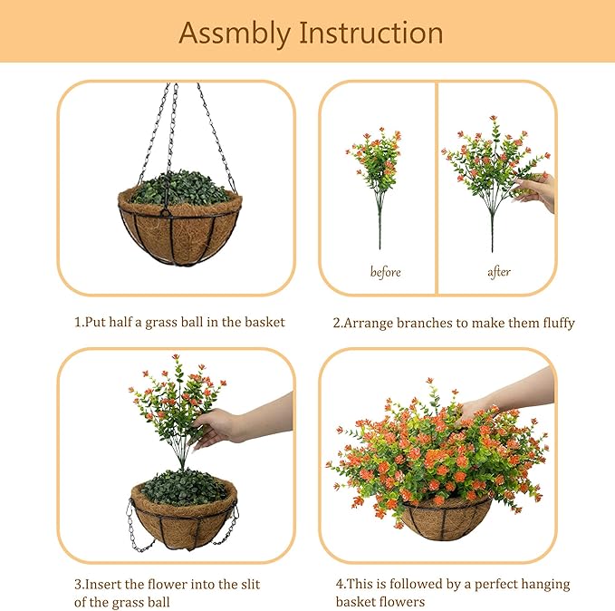 Artificial Hanging Flowers Basket for Outdoor, 16 Fake Flowers Look Real UV Resistant, Faux Hanging Plants for Porch, Balcony, Patio, Garden, Spring Summer Decor,Orange
