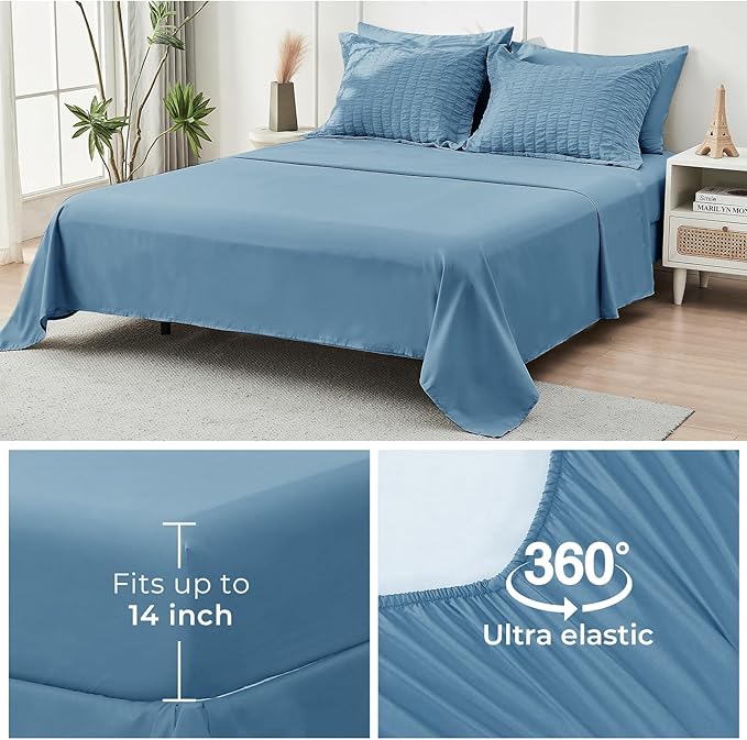 HYMOKEGE Mineral Blue King Size Comforter Set Seersucker 7 Pieces, All Season Luxury Bed in a Bag for Bedroom, Bedding Set with Comforter, Sheets, Pillowcases & Shams