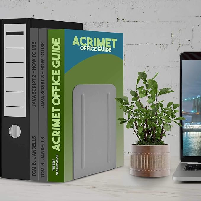 Acrimet Metal Bookends, Non-Skid Book Stand for Shelves, Heavy Duty Book Stopper, 6-7/8" H x 4" W x 4-1/2“ D, Silver, 1 Pair
