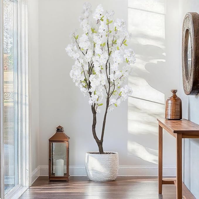6.56ft White Artificial Cherry Blossom Tree Indoor Decor,Nearly Nature Silk Flower Fake Tree Tall,Realistic Outdoor Faux Cherry Plant Wishing Tree Front Door Handmade for Office Living Room Decor