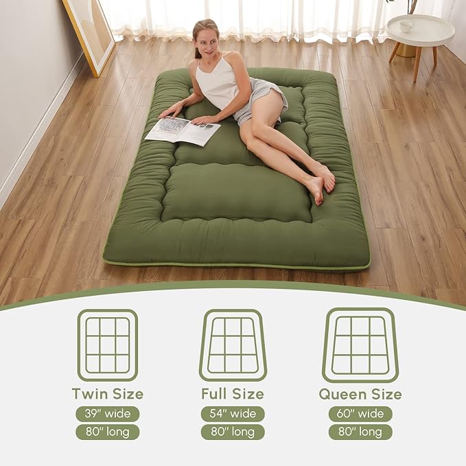 Japanese Floor Mattress, Futon Mattress with Portable Storage Bag and Washable Cover, Roll Up Thick Tatami Mat Suitable for Camping, Guest Room, Green, Full