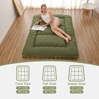 Japanese Floor Mattress, Futon Mattress with Portable Storage Bag and Washable Cover, Roll Up Thick Tatami Mat Suitable for Camping, Guest Room, Green, Full