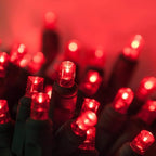 5mm LED Wide Angle Red Prelamped Light Set, Green Wire - 70 5mm Red LED Christmas Lights, 4" Spacing