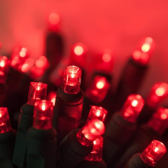 5mm LED Wide Angle Red Prelamped Light Set, Green Wire - 70 5mm Red LED Christmas Lights, 4" Spacing