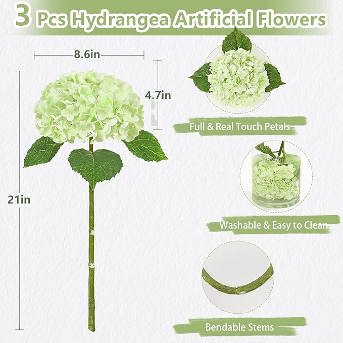 3 Pcs Real Touch Hydrangea Artificial Flowers, 21" Light Green Full Faux Hydrangea Flowers Latex Fake Flowers for Home Decor Party Floral Arrangements Wedding Bouquets Centerpieces Outdoor Decor