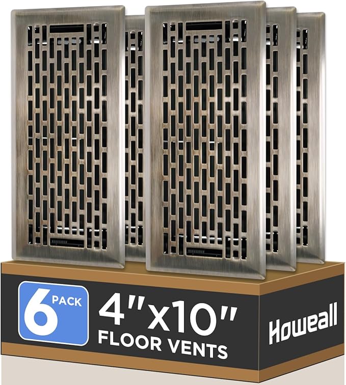 4x10 Inches 6 Pack Heavy Duty Walkable Floor Register - Easy Adjust Air Supply Lever Decorative Floor Vent Covers, Boston Design Vent Covers for Home - Antique Brass