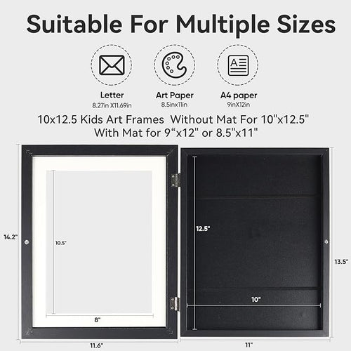 2-Pack Changeable Kids Art Frames - Front Opening, Holds 150, 10x12.5,Child Artwork Frame With Storage For Display Children's art work (Black)