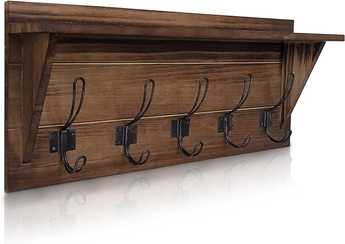 HBCY Creations Rustic Brown Solid Wood Wall Mounted Coat Rack with Shelf, 5 Hooks, 24" Long - Kitchen, Mudroom, Entryway, Bathroom - Includes Mounting Hardware, Coat Hanger, Dog Leash Hooks