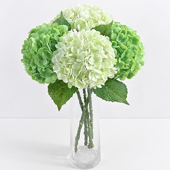 4 Pcs Real Touch Hydrangea Artificial Flowers, 21" Light Green & Dark Green Full Faux Hydrangea Flowers Latex Fake Flowers for Home Decor Party Floral Arrangements Wedding Bouquets Outdoor Decor