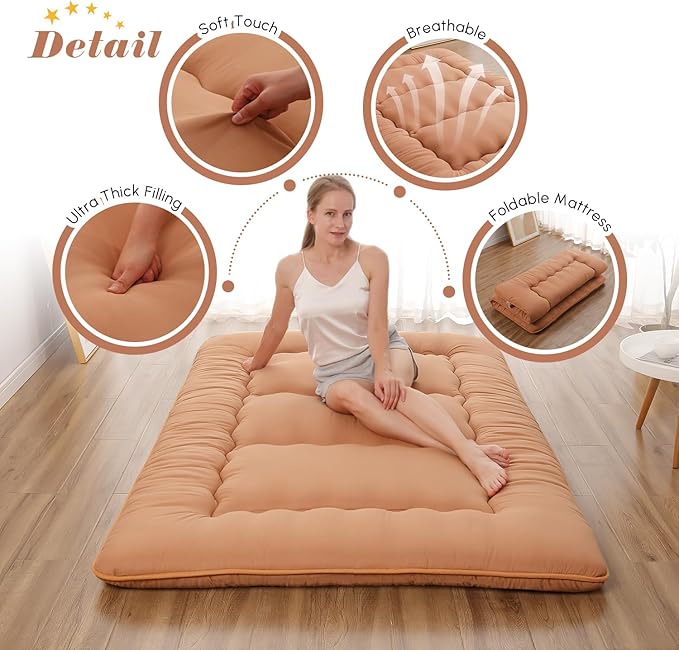 Japanese Floor Mattress, Futon Mattress with Portable Storage Bag and Washable Cover, Roll Up Thick Tatami Mat Suitable for Camping, Guest Room, Light Coffee, Full