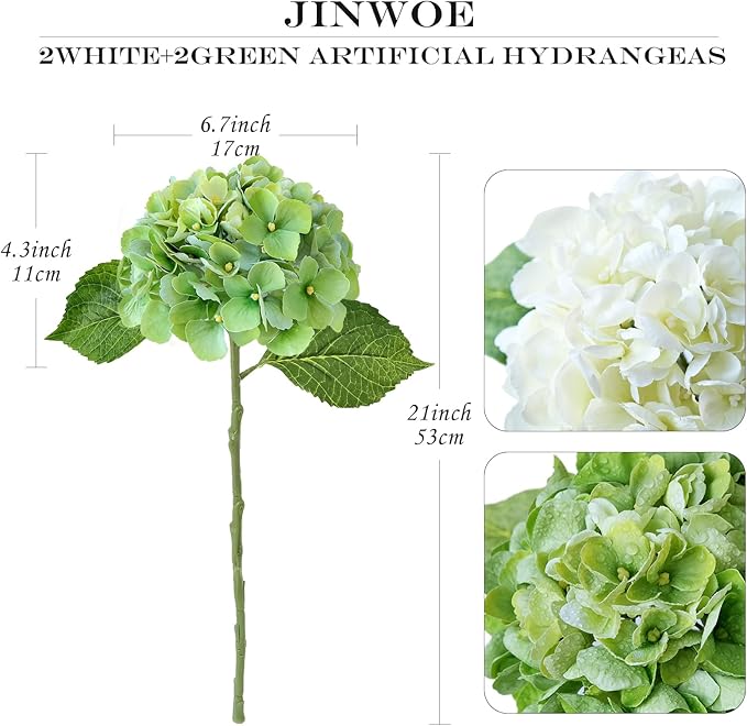 2Green+2White Real Touch Vintage Artificial Hydrangeas, 21" Faux Hydrangea Flowers for Wedding Bouquet Decoration,Fake Hydrangea Silk Flowers for Christmas Centerpieces Tables Party Home