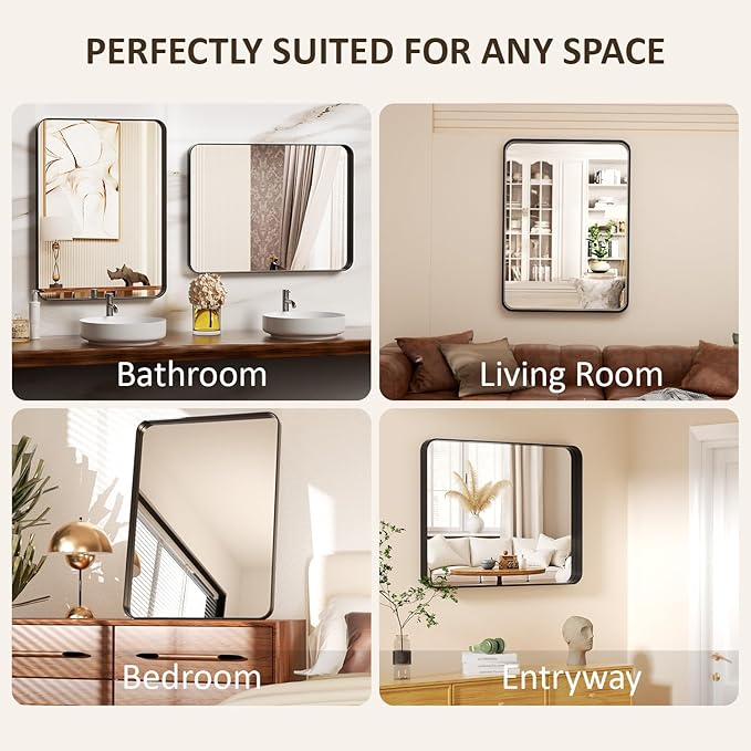 24×32 Bathroom Vanity Mirrors for Over Sink - Rectangle Mirrors for Wall with Rounded Corners & Aluminum Frame, Tempered-Glass, Modern, Farmhouse, Horizontal/Vertical, Bedroom, Entryway