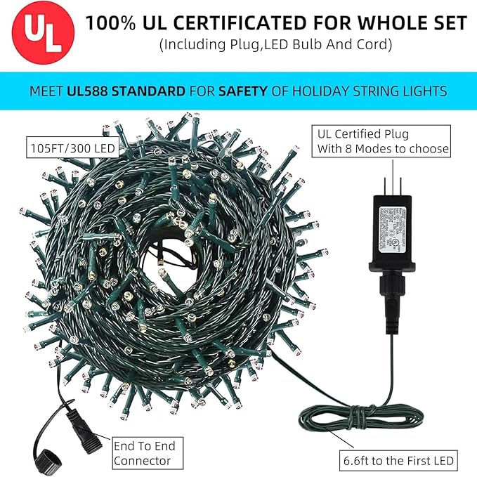 Upgraded 105FT 300LEDs Christmas Lights Outdoor Indoor String Lights 8 Modes Memory Function for Christmas Tree Party Decoration (Green)