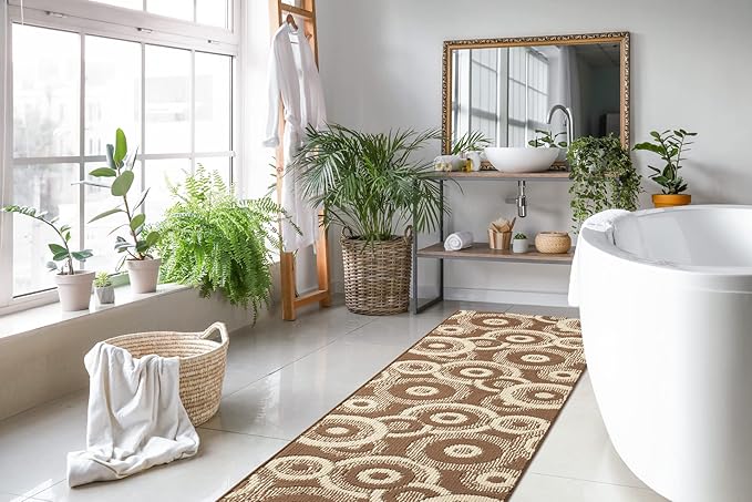 Custom Length Cut to Size Modern Farmhouse Carpet Runner Rug for Hallways, Non Slip Rubber Backed, 31 inch Wide X Customized Length, Geo Brown, 31 inch X 14 feet