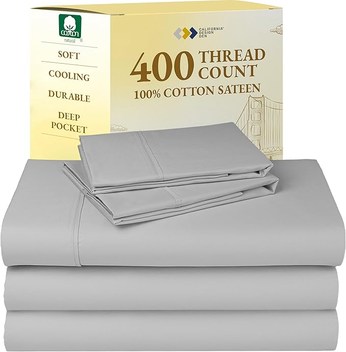 Split King Sheets for Adjustable Bed, Natural 100% Cotton Sheets, 400 Thread Count Sateen, Deep Pockets with All Around Elastic for a Snug Fit, Cool & Durable Bedding Set - Light Grey