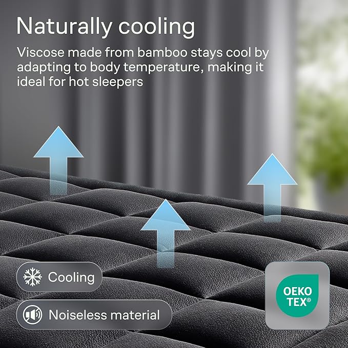 Ultra Soft Full Size Mattress Topper - Viscose Made from Bamboo Pillow Top Mattress Pad for Back Pain Relief - Naturally Cooling for Hot Sleepers, Black