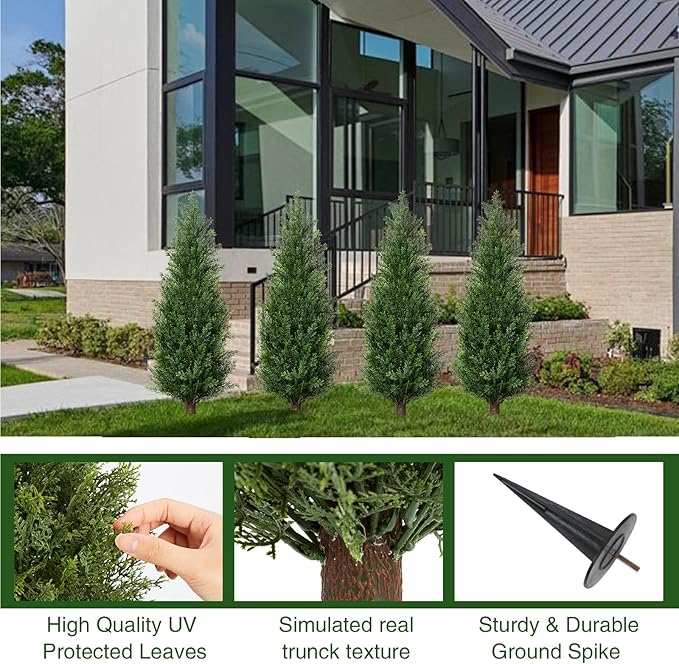 3FT Artificial Cedar Topiary Trees with Ground Spike, Set of 2 UV Resistant Fake Evergreen Bushes Shrubs Trees Artificial Plants Realistic Faux Cypress Plants for Indoor Outdoor Front Porch Garden