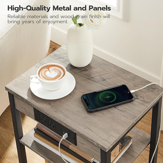 HOOBRO End Tables Set of 2 with Charging Station and USB Port, 3-Tier Nightstands with Adjustable Shelves, Small Side Tables for Small Space in Living Room, Bedroom and Balcony, Greige BG112BZP201
