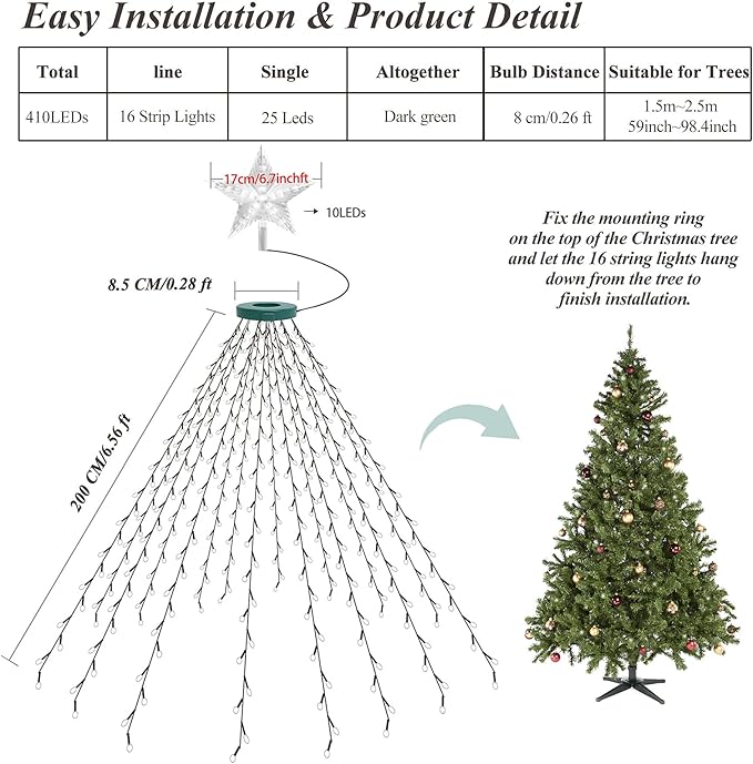 aneeway Christmas Tree Lights with Star Toppers, 410 LED Christmas Lights with 8 Modes & Memory Function, 6.6FT x 16 String Lights with Remote Control & Timing for Xmas Ornaments - Warm White