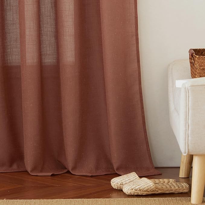 RYB HOME Semi Sheer Linen Blend Curtains 63 inch Length, Light Filtering Semi Transparent UV Protection Window Panels Drapes for Farmhouse, Living Room, Study, W 52 x L 63 inch, Terracotta