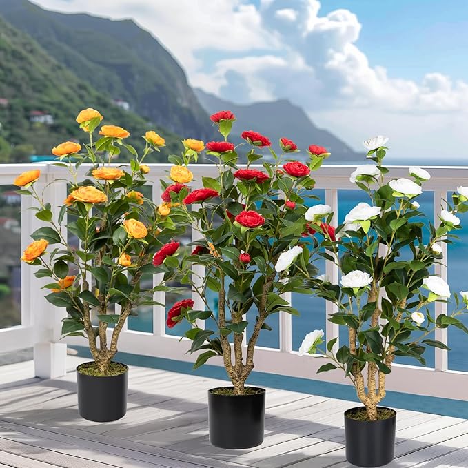 Artificial Camellia Tree 2 Pack, 38’’ Faux Camellia Plant in Pot with White Flowers, Greenery Potted Plant for Indoor Outdoor Office Home Porch Decor, White