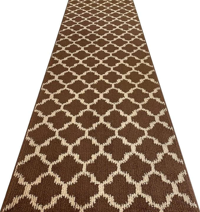 Custom Size Cut to Length Moroccan Trellis Design Runner Rug Mat For Wide Long Hallways with Non-Slip Rubber Backing, Better Traction for Pets, Prevent Slippage, Trellis Brown, 31 inch X 9 feet
