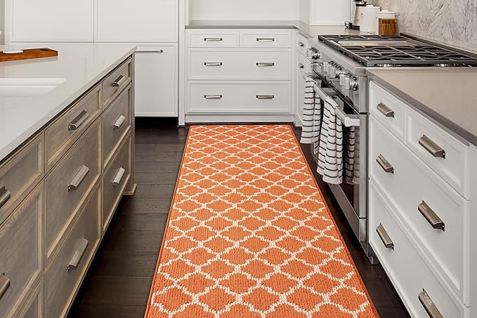 Custom Size Moroccan Trellis Runner Rug Mat for Wide Hallway Entryway Kitchen Laundry Room with Slip Resistant Latex Rubber Backing, Trellis Orange, 31 inch X 15 feet