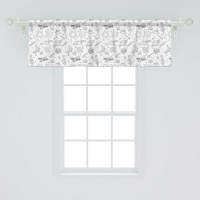 Ambesonne Cartoon Window Valance, Doodle Solar System Astronauts Space Crafts Shooting Stars Science Fiction Theme, Curtain Valance for Kitchen Bedroom Decor with Rod Pocket, 54" X 18", White Black