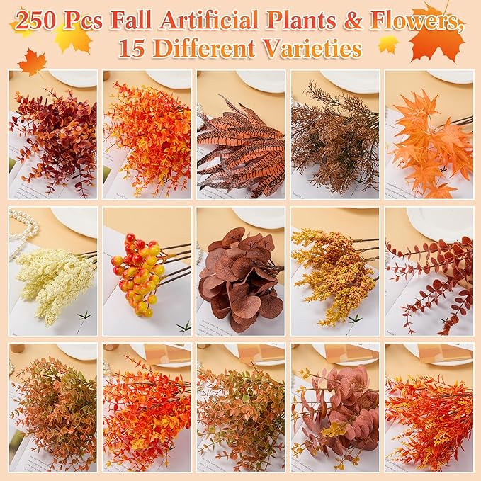 250 Pcs Artificial Fall Greenery Stems Bulk Thanksgiving Eucalyptus Leaves Silver Dollar Foliage Floral Picks and Sprays Fake Faux UV Resistant for DIY Bouquet Vase Arrangement Table Decor