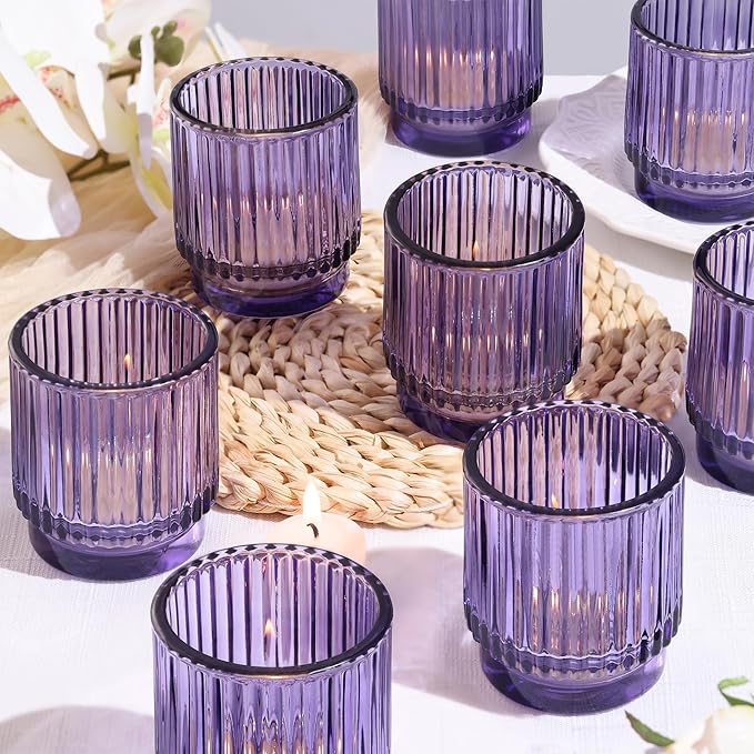 8 Pcs Large Lavender Votive Candle Holders, Tealight Ribbed Candle Holders Glass, Brildal Shower Table Decor,Wedding Centerpieces Table Decorations