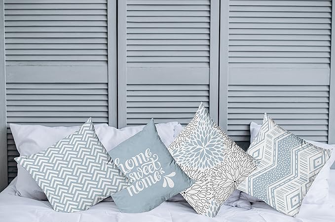 Ambesonne Geometric Throw Pillow Cushion Case Pack of 4, Home Phrase Minimal Zigzag Squama Dahlia Flower Petals Chevron Tribal, Modern Accent Double-Sided Digital Printing, 18", Pale Blue Grey White