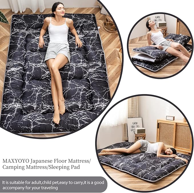 MAXYOYO Black Marble Printed Japanese Futon Floor Mattress, Thicken Sleeping Pad, Roll Up Camping Bed, Folding Couch Topper for Guests, Queen Size