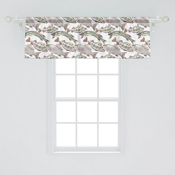 Ambesonne Fishes Window Valance Pack of 2, Watercolor Common Carp Perch and Bass Freshwater Animals Themed Seafood Drawing, Rod Pocket Curtain Valances for Kitchen Bedroom, 54" X 18", Pale Blue Grey