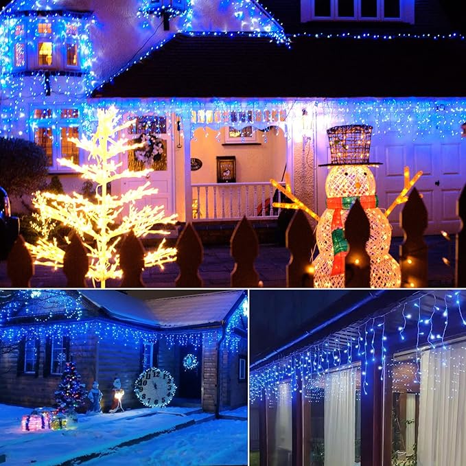 Brightown Icicle Lights Outdoor, 66Ft Christmas Lights with 30 Drops, 1125 LED Firecracker Icicle Christmas Light Outdoor with Timer for House Eaves Wedding, Blue & White