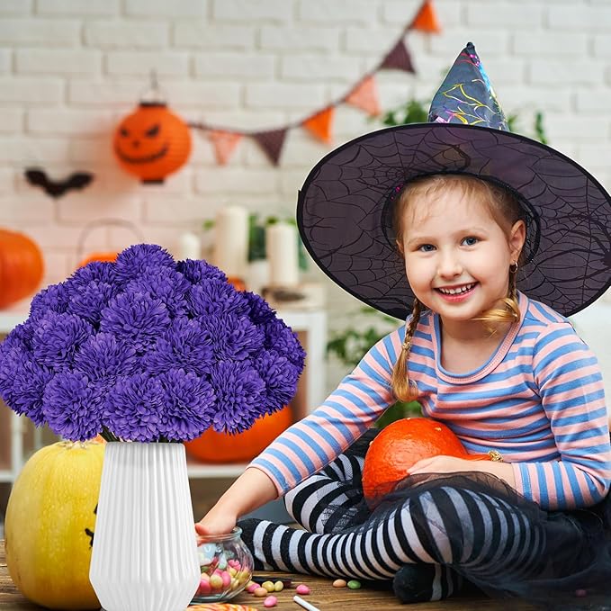 36 Pcs Purple Artificial Chrysanthemums Flowers Fake Mums Silk Vintage Ball Flower for Home Decor Indoor Floral Arrangement Table Centerpiece